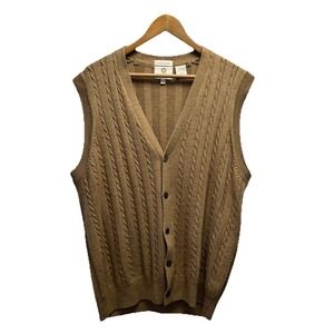 Viyella Mens Sz Large Brown Tan Cable Knit Merino Wool Cardigan Sweater Vest euc